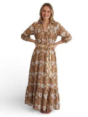 Dorsea Peasant Prairie Boho Floral Tiered Maxi Dress Puff Sleeve Belted XS Tan